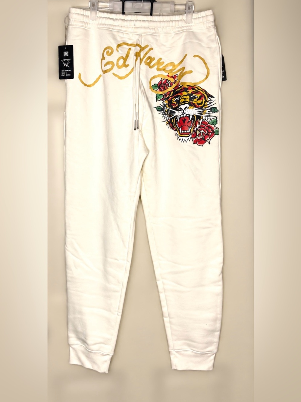 Ed Hardy Tiger Rose Graphic Jogger Sweatpants Cream Gold - Picture 7 of 7